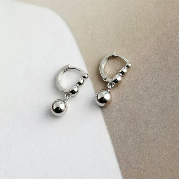 VIVIDELLE 1 Pair 925 Sterling Silver Ball Beads Huggie Hoop Drop Earrings-Silver