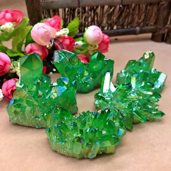 VIVIDELLE 100g Natural Aura Green Titanium Gemstone Quartz Crystal Cluster Specimen Energy