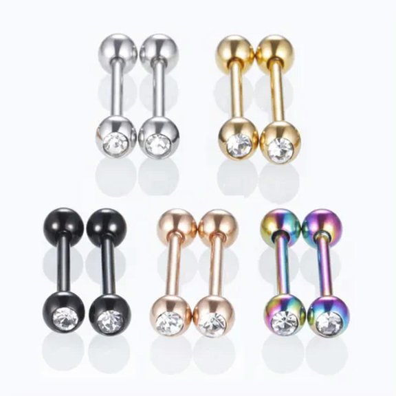 VIVIDELLE 10PCS Clear Gem Barbell Bar Tongue Ear Studs Tragus Bar Ball Body Piercing-Gold
