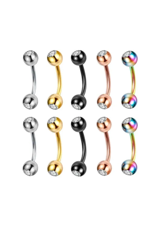10PCS Clear Gem Curved Barbell Bar Eyebrow Studs Tragus Bar Ball Body Piercing-Gold