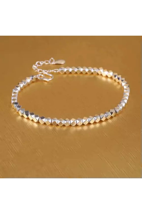 1PC Pure S990 Fine Silver Chain Women Geometry Beads Link Lucky Bracelet 7.5g