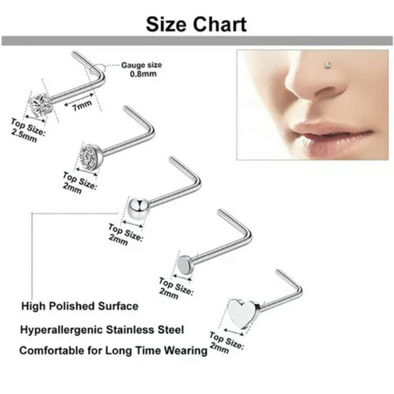 VIVIDELLE 5-40pcs 20G Screw Nose Stud Rings Stainless Steel Nose Lip Ear Piercing Jewelry-L shape-5pcs