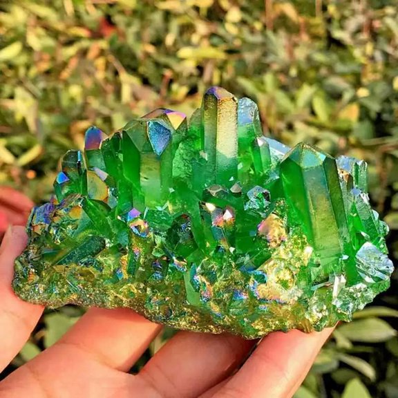 VIVIDELLE 80g Natural Aura Green Titanium Gemstone Quartz Crystal Cluster Specimen Healing