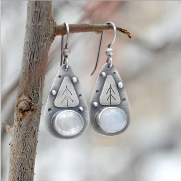 VIVIDELLE 925 Silver Moonstone Ear Hook Vintage Dangle Drop Earrings Women Wedding Jewelry-#3