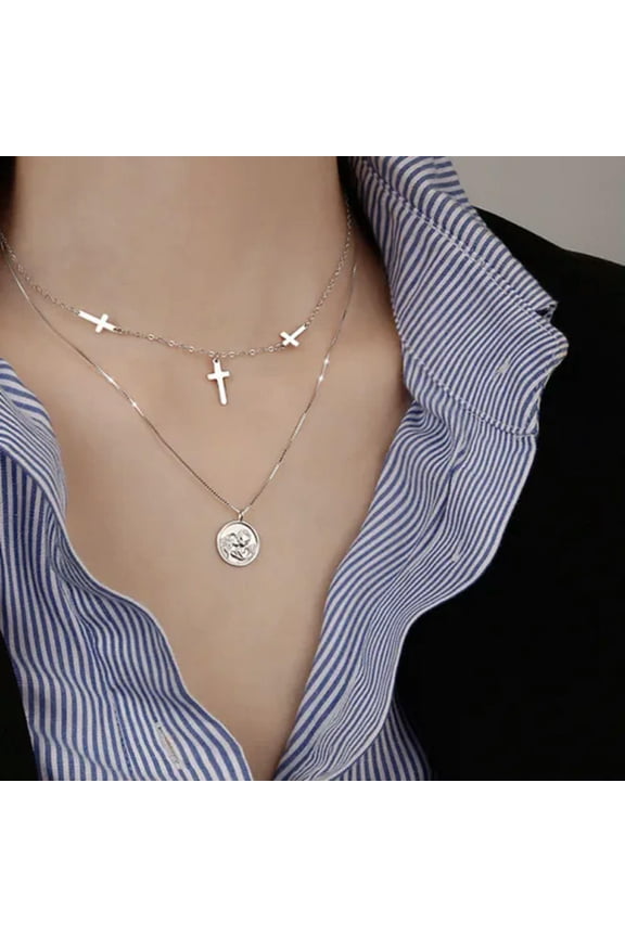 925 Sterling Silver necklace Double Layer Cross Round Angel Clavicle Jewelry-Silver