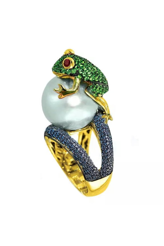 Fashion Frog man Ms Wedding Ring 18k Yellow Gold Plated White Pearl Ring Sz 6-10-9