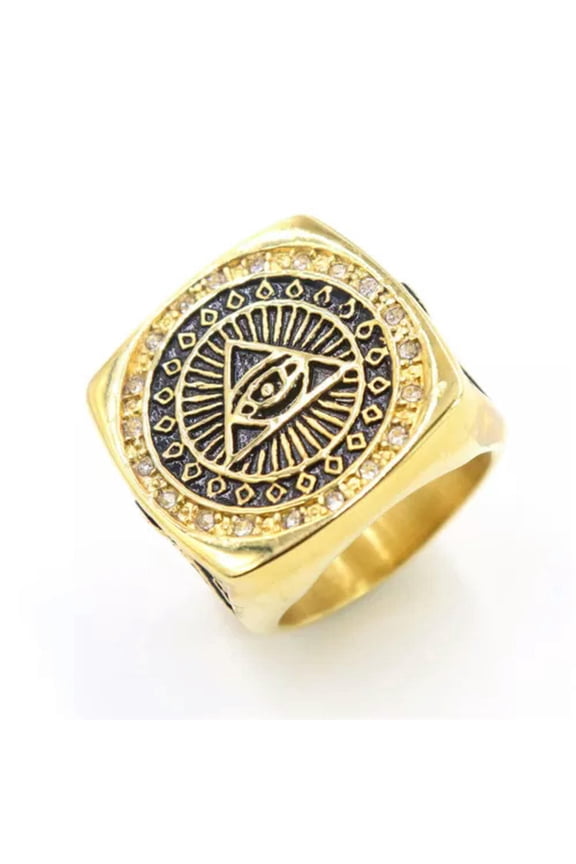 Gold Plated Mens Masonic Illuminati All Seeing Eye Square Ring Size 7-15-9