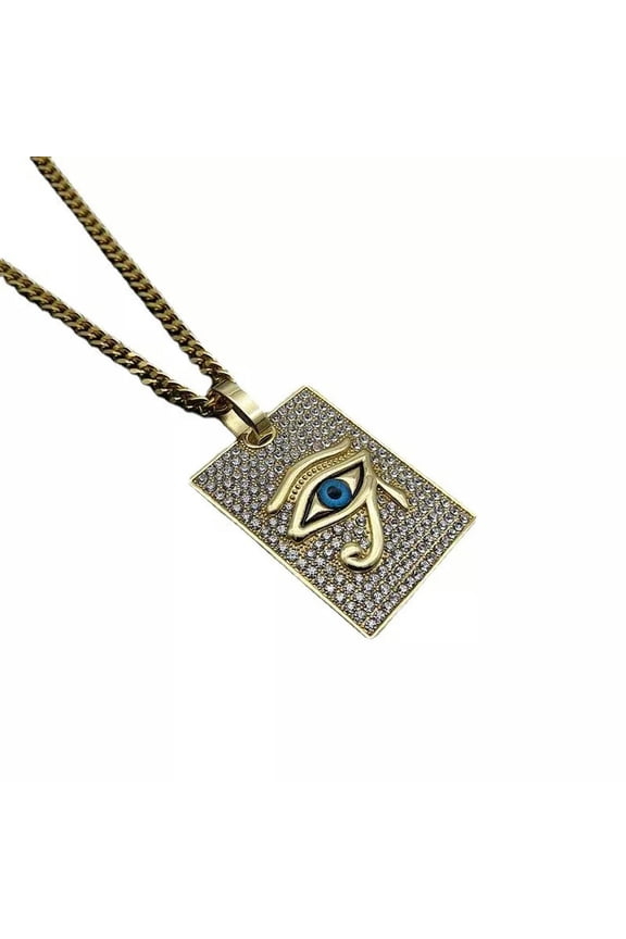 Illuminati Egyptian Gold CZ Eye of Horus Pendant Necklace Hip Hop Cuban Chain