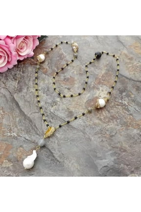 Labradorite Onyx White Keshi Pearl CZ Pendant 30'' Necklace