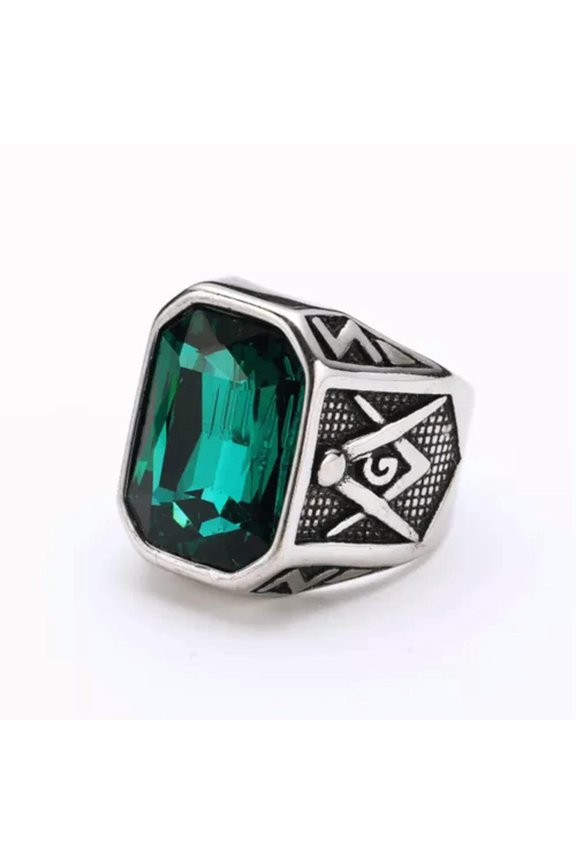 Men's Personalized Stainless Steel Big Gem Masonic AG Freemason Rings Size 7-13-9-Silver Green