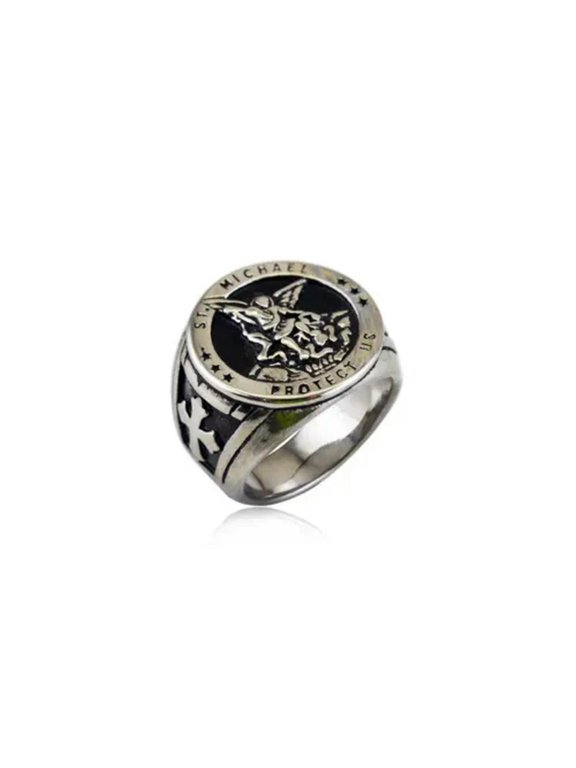 Men's Popular Fashion Saint Michael Stainless Steel Cross Knight Rings Size 7-13-12-Silver