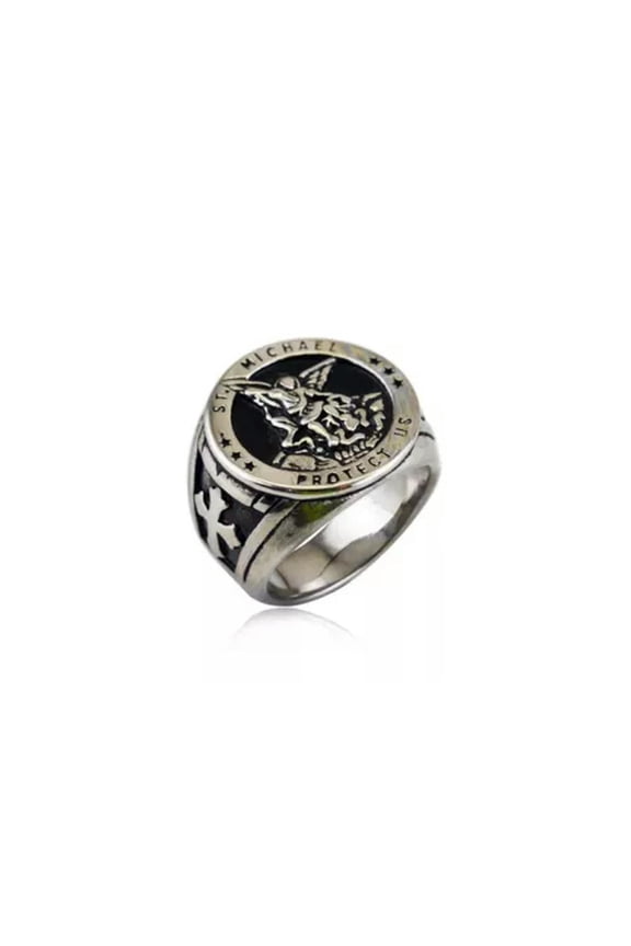 Men's Popular Fashion Saint Michael Stainless Steel Cross Knight Rings Size 7-13-8-Silver