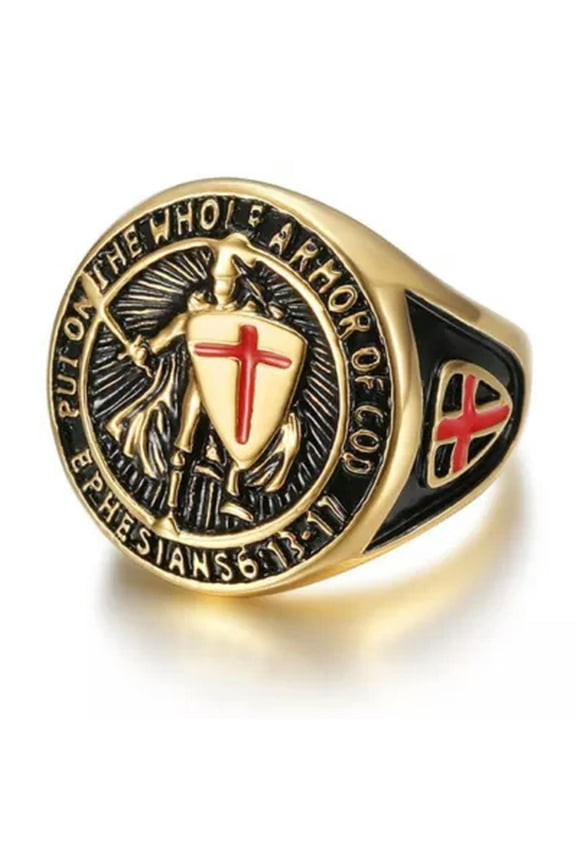 Men's Vintage Templar Knight Red Cross Shield Stainless Steel Rings Size 7-13-Gold-9