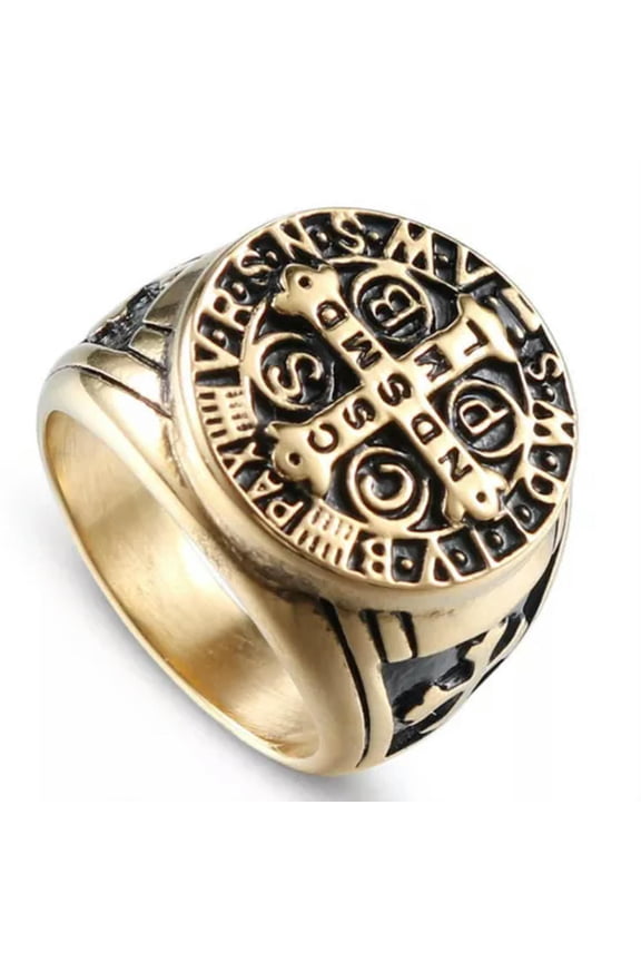 Mens Catholic St Saint Benedict Cross Ring Stainless Steel Exorcism Medal-10-Gold