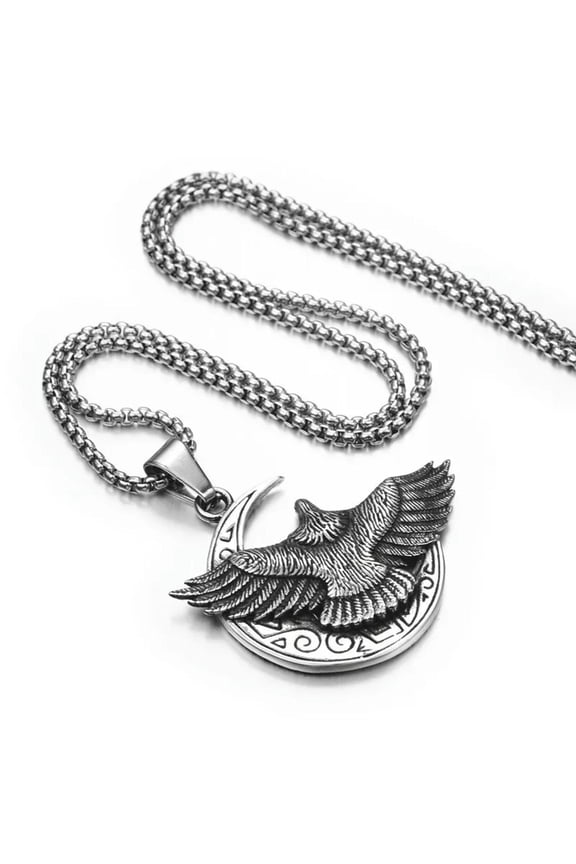 Mens Eagle Necklace Pendant Stainless Steel Moon Bird Totem Chain Silver