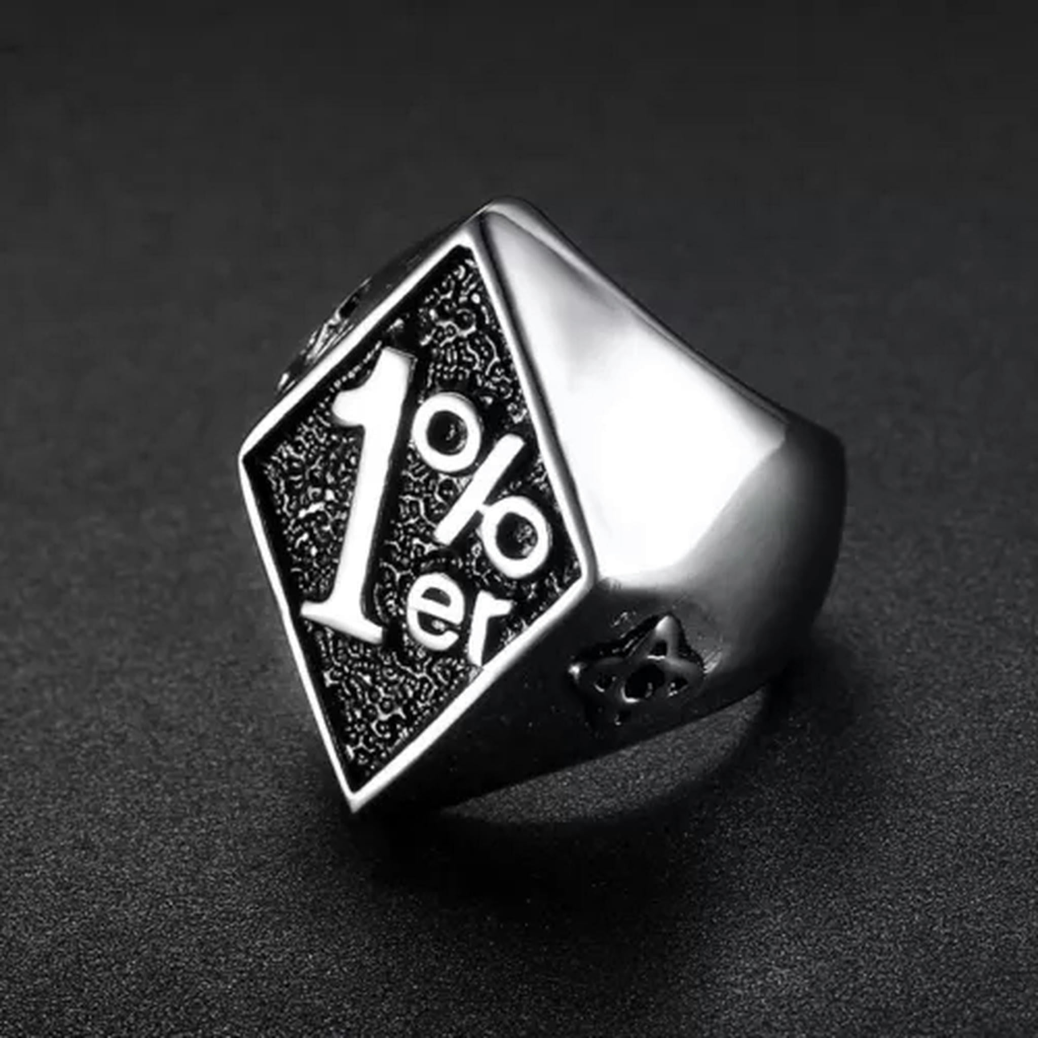 Men's Skull Stainless Steel Ring - 1%er Outlaw Biker Motorcycle Style, Silver, Adjustable Fit