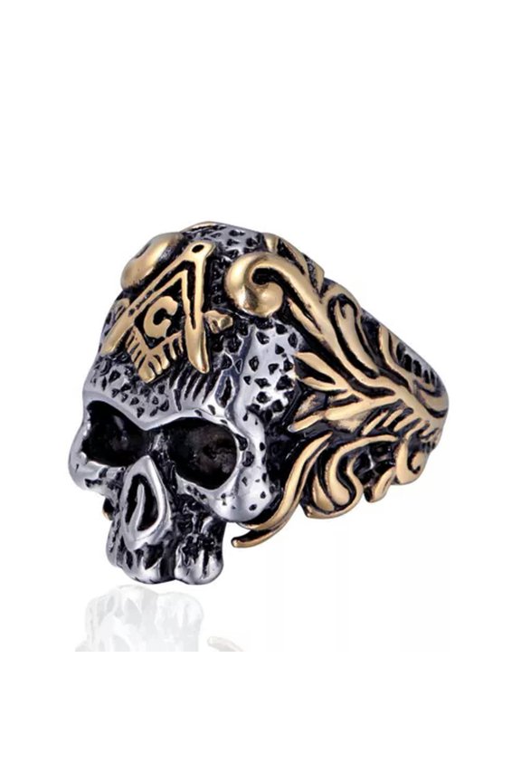Mens Stainless Steel Masonic Skull Ring Biker Jewelry Tone Size 7-13-12-Silver/Gold