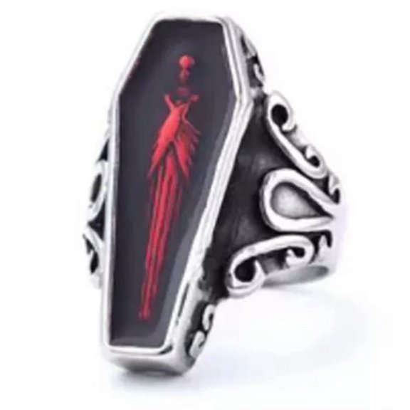 VIVIDELLE Mens Stainless Steel Punk Coffin Rings Gothic Zombie Vampire Skull Biker Ring-14-Red