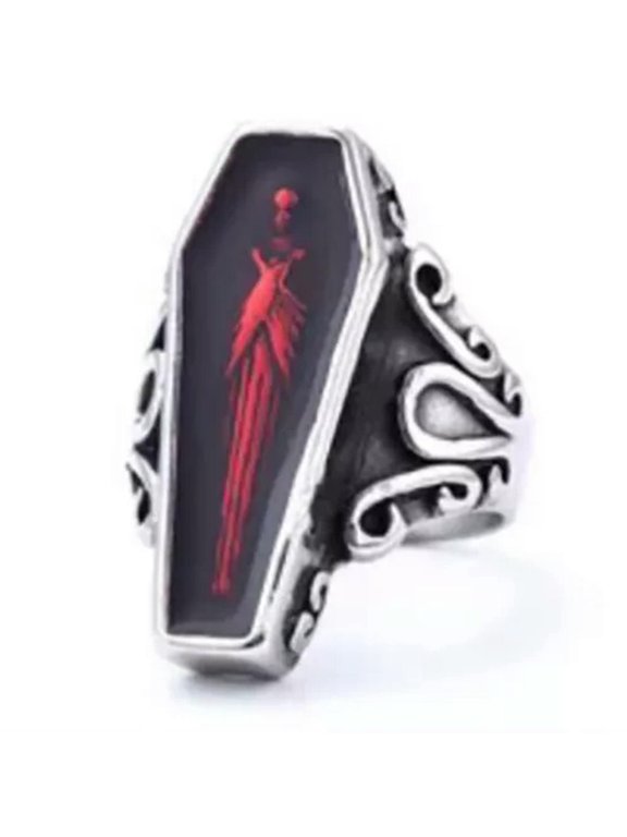 Mens Stainless Steel Punk Coffin Rings Gothic Zombie Vampire Skull Biker Ring-14-Red