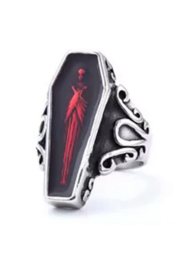Mens Stainless Steel Punk Coffin Rings Gothic Zombie Vampire Skull Biker Ring-14-Red