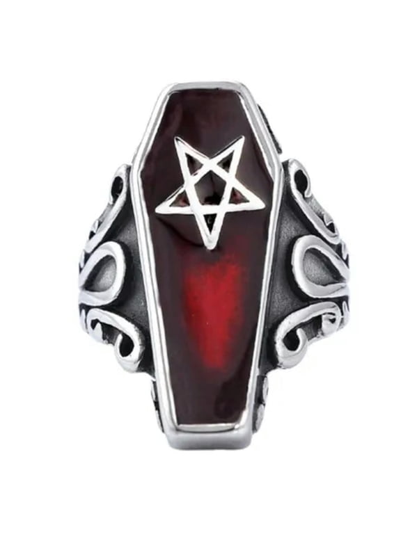 Mens Stainless Steel Punk Coffin Rings Gothic Zombie Vampire Skull Biker Ring-15-Red with Star