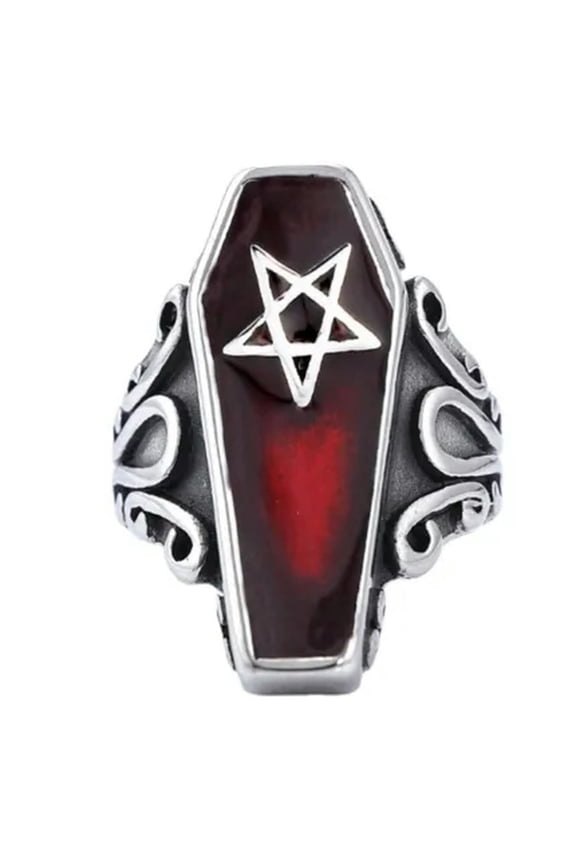 Mens Stainless Steel Punk Coffin Rings Gothic Zombie Vampire Skull Biker Ring-9-Red with Star