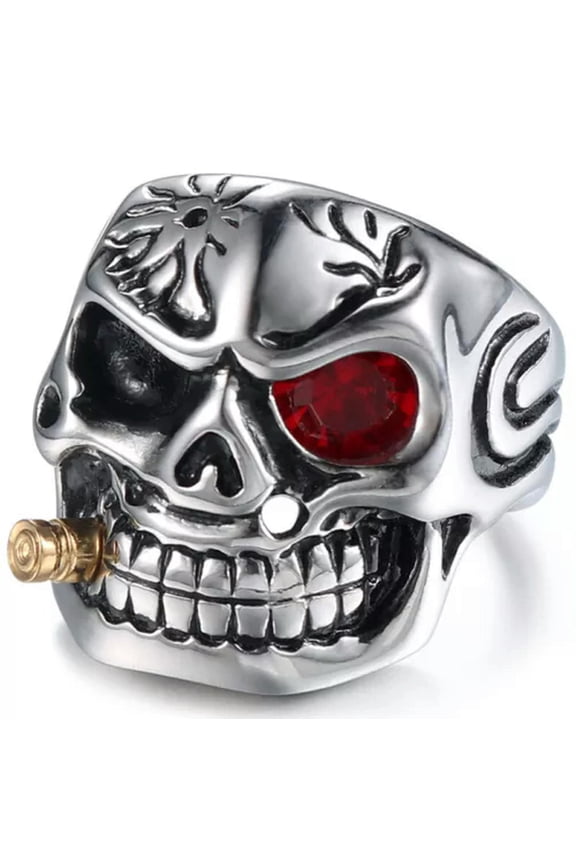 Mens Vintage Stainless Steel Gothic Skull Smoking Bullet Biker Ring-9-Red