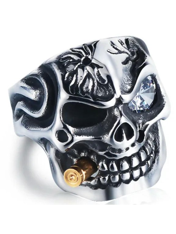 Mens Vintage Stainless Steel Gothic Skull Smoking Bullet Biker Ring-9-White