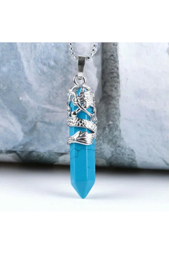 Natural Quartz Crystal Rock Stone Pendant Chakra Pendulum Necklace Healing Reiki-Blue Turquoise Tamron Dragon