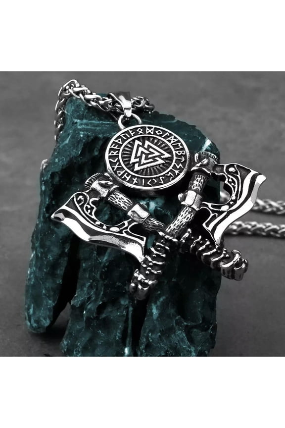 Nordic Valknut Rune Viking Warrior Double Axe Stainless Steel Pendant Necklace