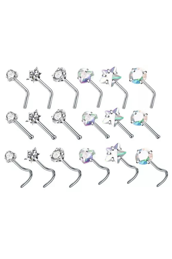 Nose Studs Set Stainless Steel Screw Bone Pin Clear CZ Gem Nose Piercing-clear+multicolor