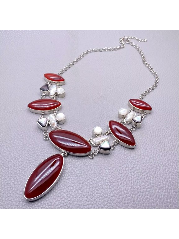 Red Agate White Biwa Pearl Sea Shell Statement Necklace Women Jewelry