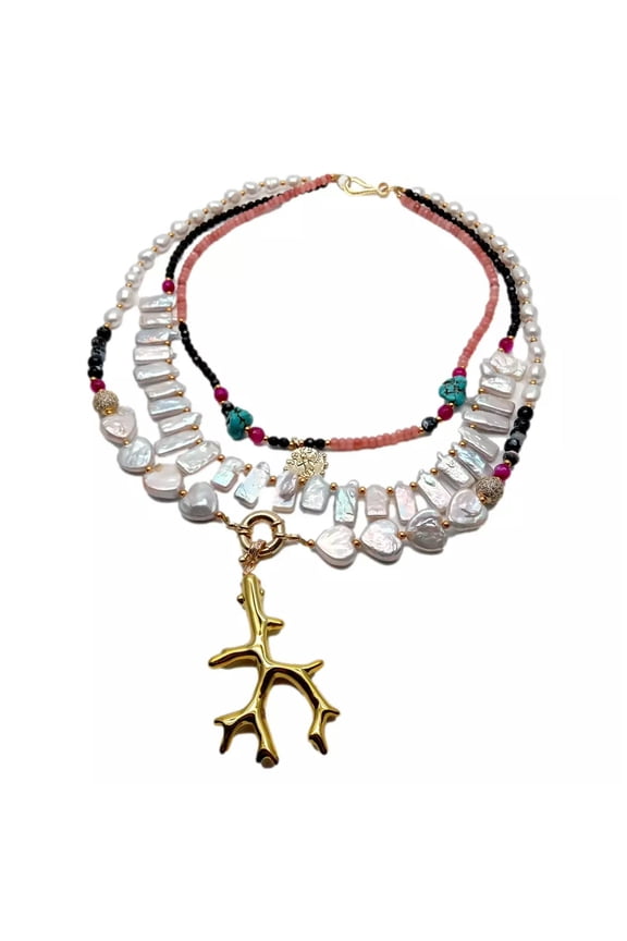 Resin Golden Coral Pendant 3Rows Freshwater Pearl Jade Agate Turquoise Necklace