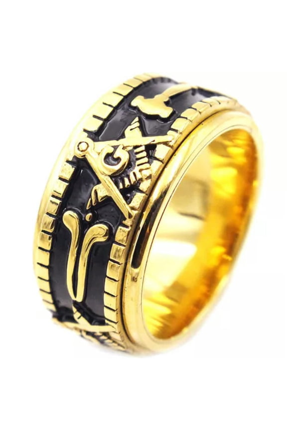 Rotatable Freemason Masonic Wedding Band Ring Stainless Steel Size 7-13-11-Gold