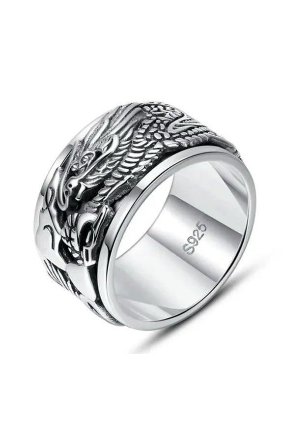 S925 Silver Rui Dragon Pattern Rotated Wide Face Dominant Index Finger Rings-11