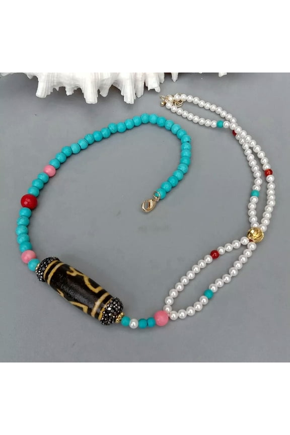 Sea Shell Pearl Turquoise Coral Agate Necklace Multi Color Gemstone Necklace