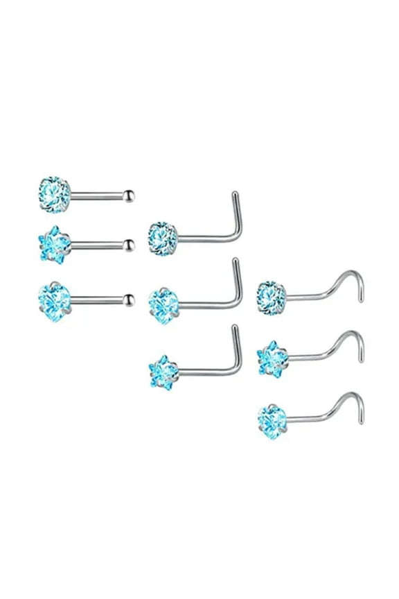 Stainless Steel 20g Nose Stud Piercing Nose Bone/L Shaped/Nose Screws Rings Set-Blue 9pcs
