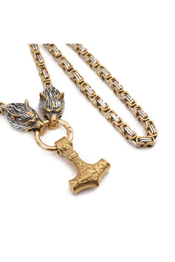 Stainless Steel 6mm Viking Wolf Head Thor's Hammer Pendant Byzantine Necklaces-50cm(20in) Necklace-Gold