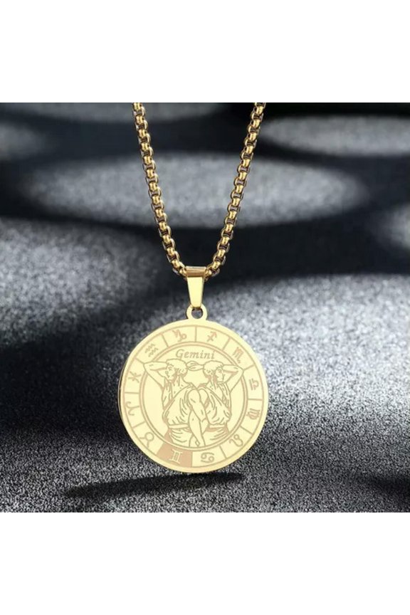 Stainless Steel Constellation Horoscope 12 Zodiac Sign Pendant Necklace Chain-Gemini Gold