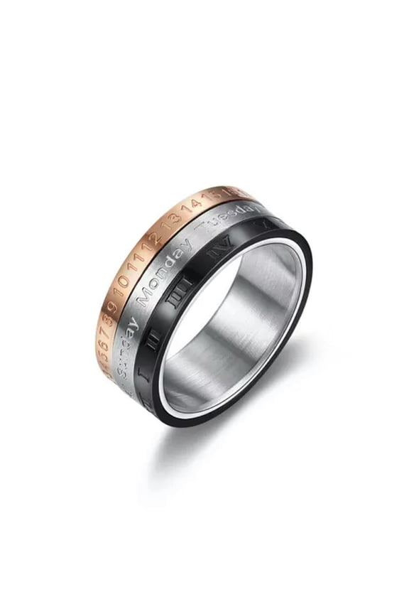 Stainless Steel Rotatable Calendar Time Band Ring Size 7-12-12-Rose Gold