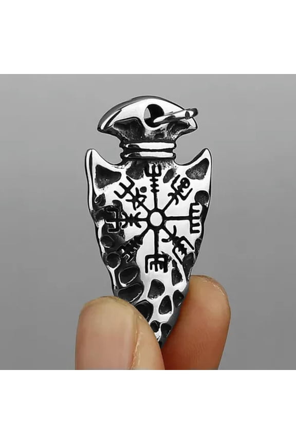 Viking Spear Head Compass Pendant Vintage Rune Stainless Steel Pendant Necklace-Silver