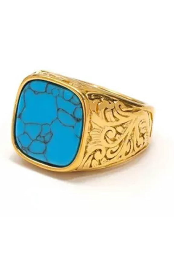 Vintage Carved Pattern Plated with 18K Gold Inlaid Turquoise Rings Size 7-13-Blue Turquoise-10
