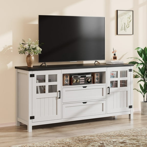 VIVIDWOOD TV Stand for 65 70 75 Inches TV, Entertainment Center with Adjustable Shelves, 2 Barn Doors, Drawers for Living Room or Bedroom