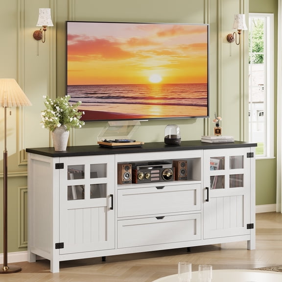 VIVIDWOOD TV Stand for 65 70 75 Inches TV, Entertainment Center with Adjustable Shelves, 2 Barn Doors, Drawers for Living Room or Bedroom