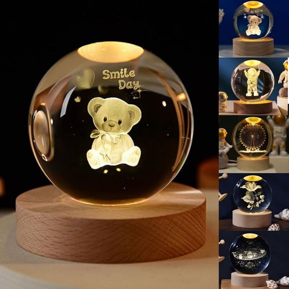 VIVIHEYDAY 3D Crystal Ball Night Light with Wooden Base USB Projector Lamp Christmas Gifts For Kids Adult (Bear)