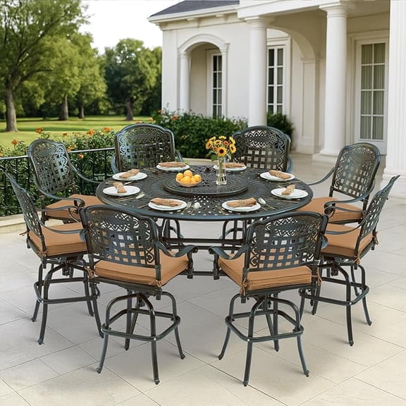 VIVIJASON 10-Piece High Patio Dining Set, All Weather Cast Aluminum Outdoor Bar Table and Chairs Set, Includes 8 Swivel Bar Stools & 61" Bar Height Dining Table with 24" Lazy Susan, Umbrella Hole