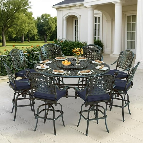 VIVIJASON 10-Piece High Patio Dining Set, All Weather Cast Aluminum Outdoor Bar Table and Chairs Set, Includes 8 Swivel Bar Stools & 61" Bar Height Dining Table with 24" Lazy Susan, Umbrella Hole