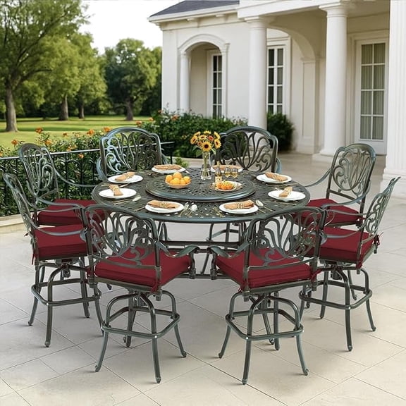VIVIJASON 10-Piece Outdoor High Patio Dining Set, Free-Rust Cast Aluminum Patio Bar Table and Chairs Set, Includes 8 Swivel Bar Stools & 61" Bar Height Dining Table W/ 31" Lazy Susan, Umbrella Hole