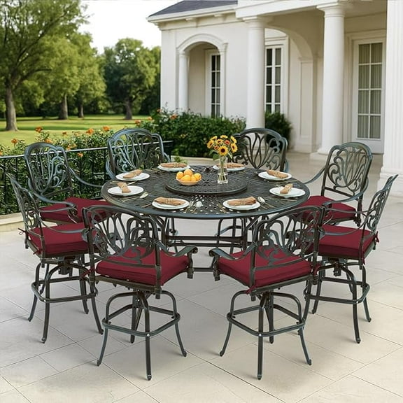 VIVIJASON 10-Piece Outdoor High Patio Dining Set, Free-Rust Cast Aluminum Patio Bar Table and Chairs Set, Includes 8 Swivel Bar Stools & 61" Bar Height Dining Table W/ 24" Lazy Susan, Umbrella Hole