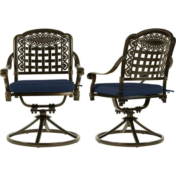 VIVIJASON 2-Piece Outdoor Bistro Dining Chairs, Patio Cast Aluminum Dining Swivel Rocker Chairs, Patio Furniture Chair Set with Cushion for Balcony, Lawn, Garden (Antique Bronze/Navy Blue Cushion)